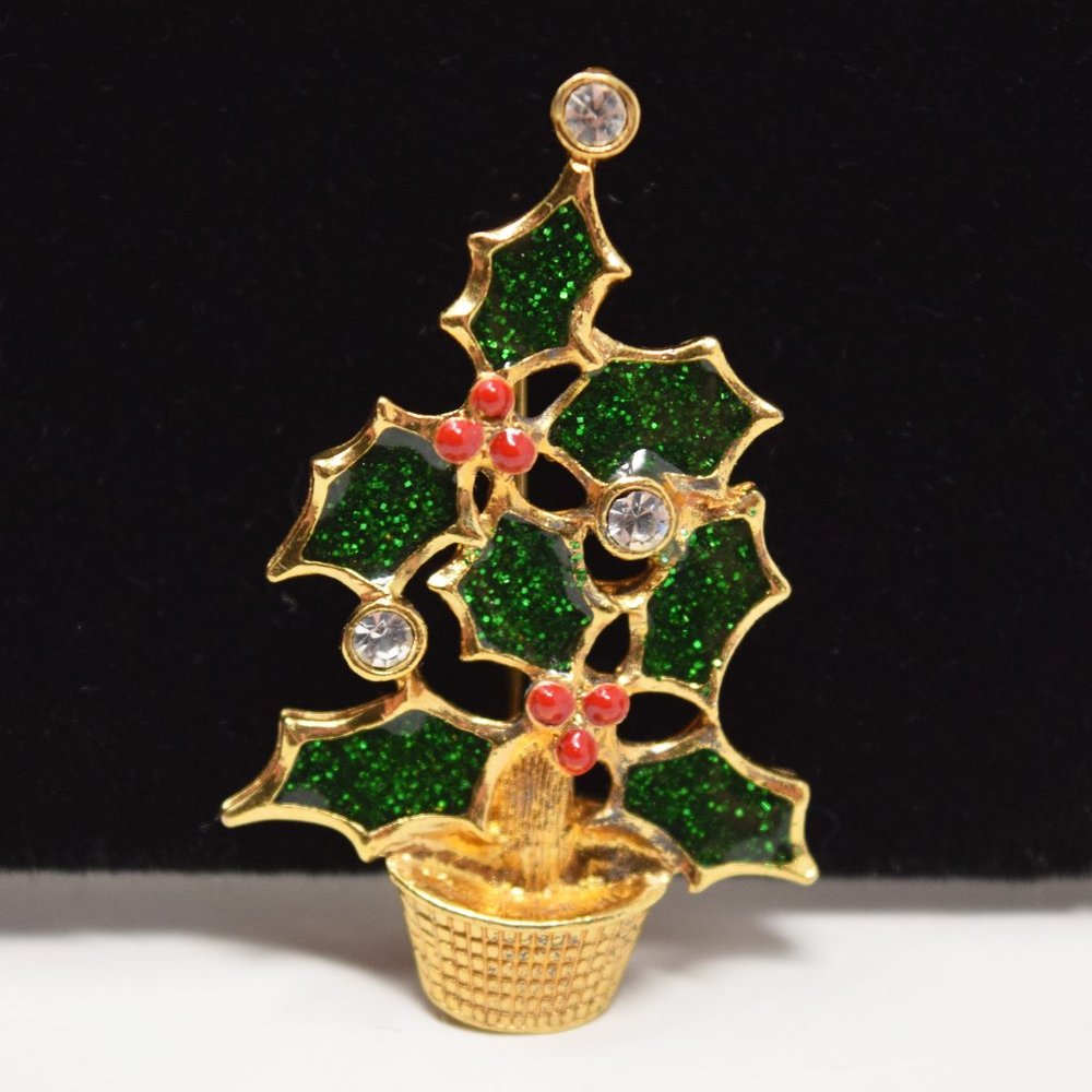 Avon Holly Tree Enamel Rhinestone Brooch Festive Holiday Pins Vintage Christmas